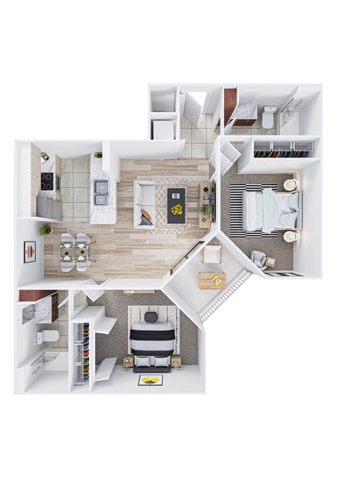 Floor plan for 2 beds, 2 baths, 970 sqft